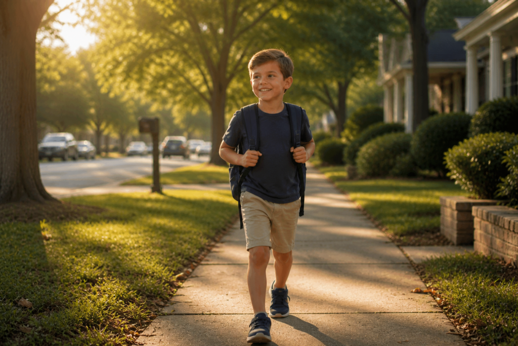 Boy with backpack walking on a tree-lined sidewalk in Canton, GA